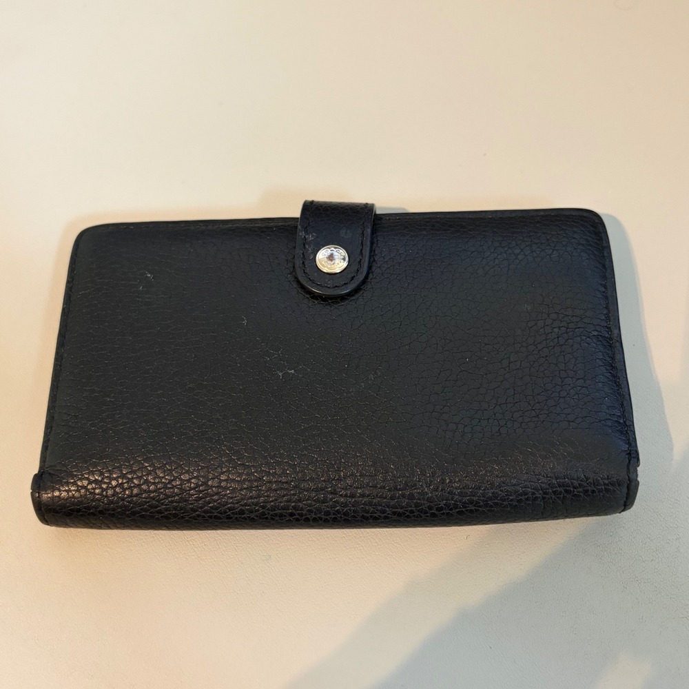 Coach Black Pebbled Leather Bifold Wallet Gold Hardware Snap Closure